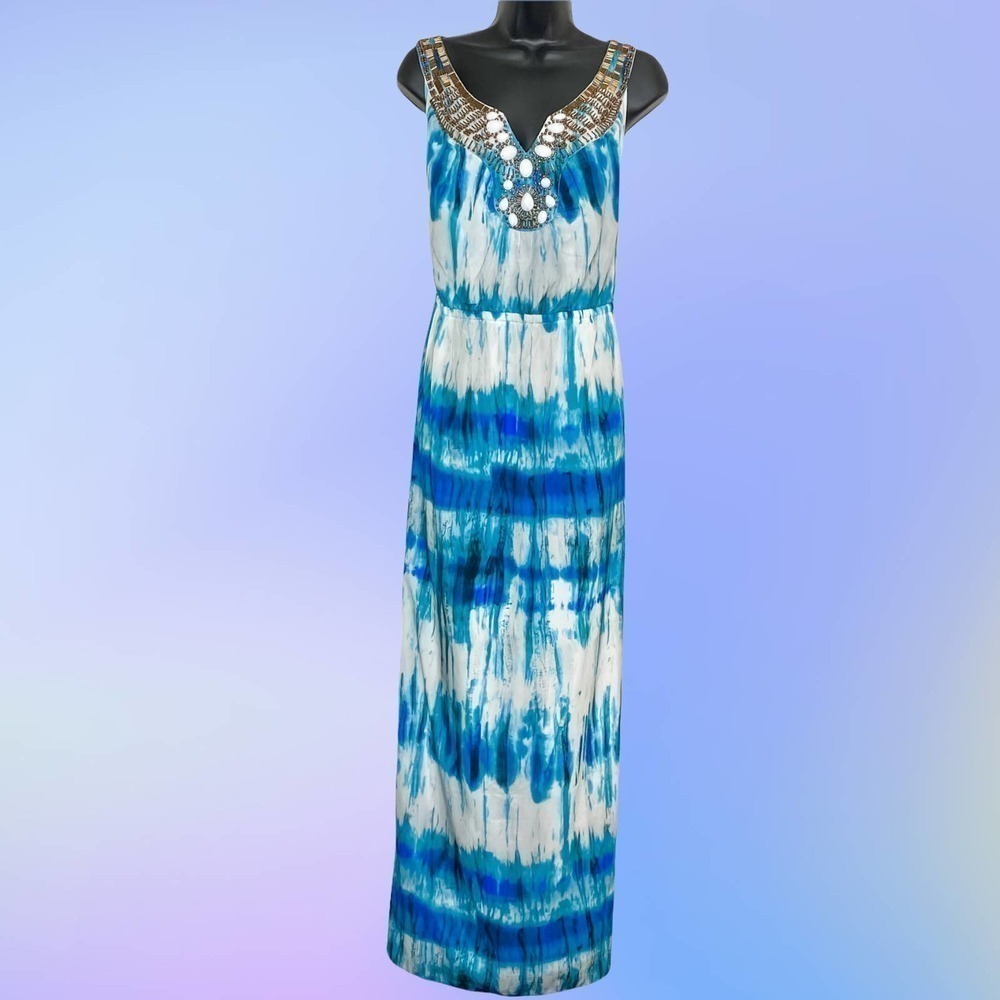 LANE Bryant Blue & White Tie Dye Sleeveless Embellished Maxi Dress - Picture 8 of 8